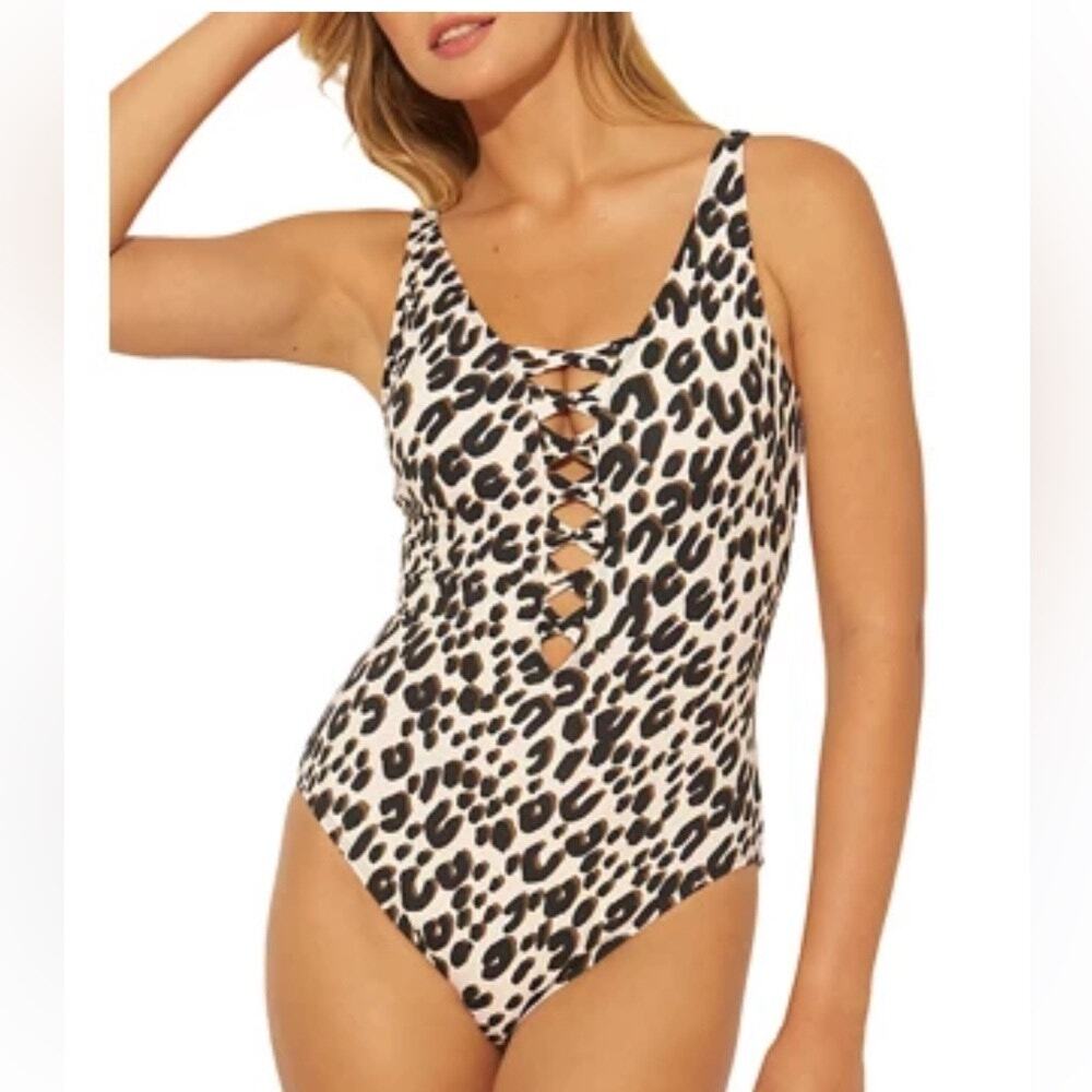 Coastal Waves Leopard Ladder Cutout Front One Piece Swimsuit Tan Black XL
